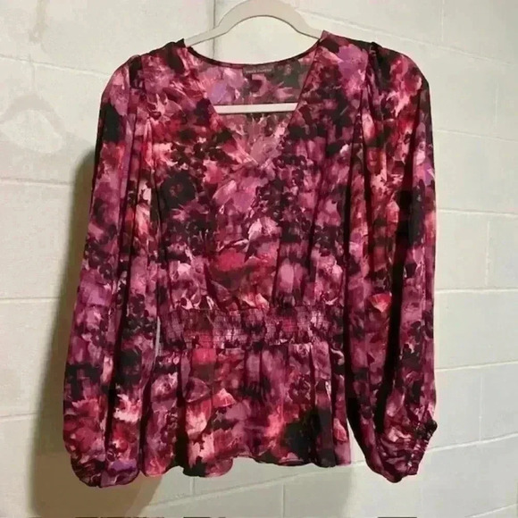 Vince Camuto Womens XSMALL Blouse Pink Smocked Ruffled Balloon 3/4 Sleeve V-neck - Picture 8 of 8